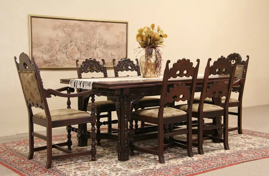 Main image of English Tudor 1925 Carved Oak Dining Set, Table & 6 Chairs