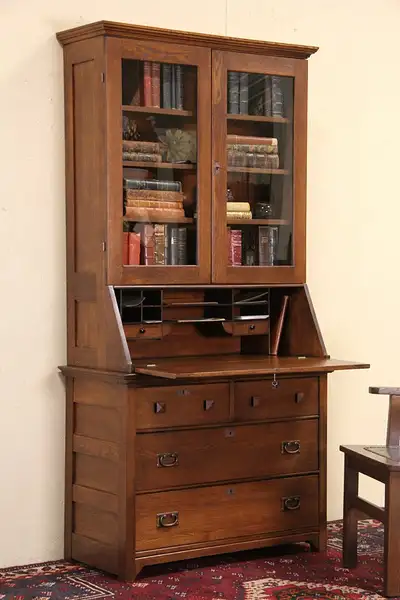 Main image of Oak 1900 Antique Secretary Desk & Bookcase, Glass Doors