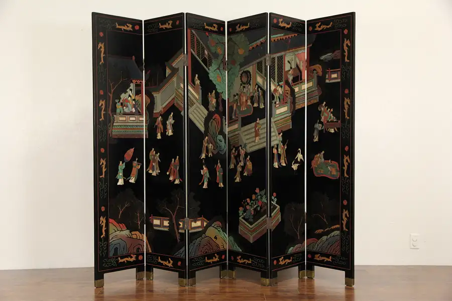 Main image of Chinese Coromandel Hand Painted Lacquer Vintage 6 Panel Screen