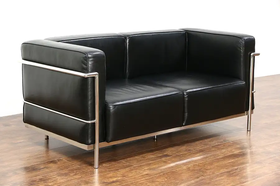 Main image of Corbusier Midcentury Modern Style Leather & Stainless Loveseat Signed Alphaville