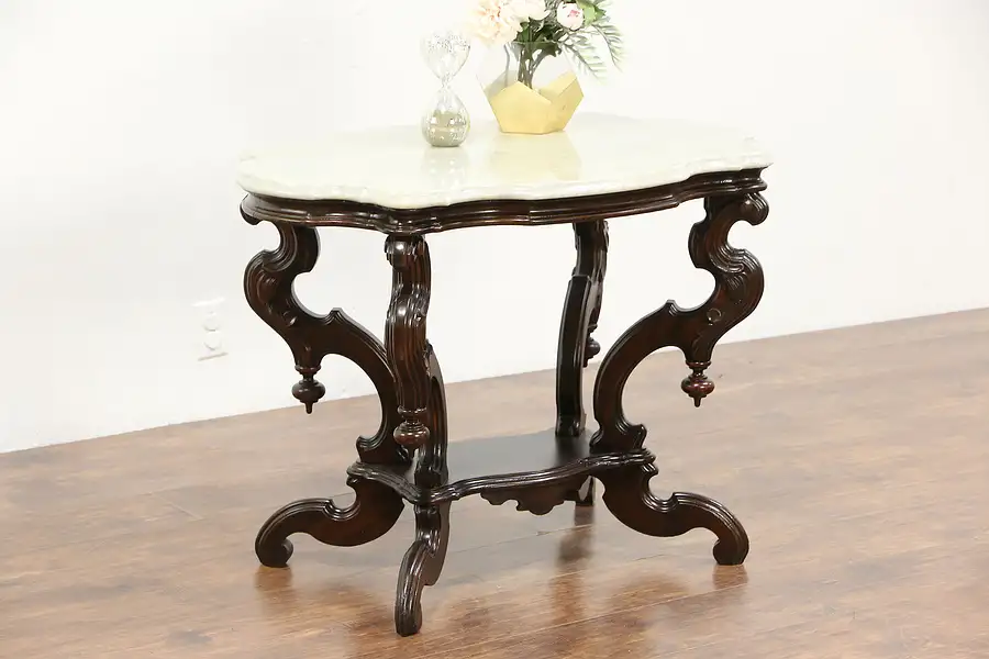 Main image of Victorian 1860 Antique Marble Turtle Top Carved Walnut Lamp Table