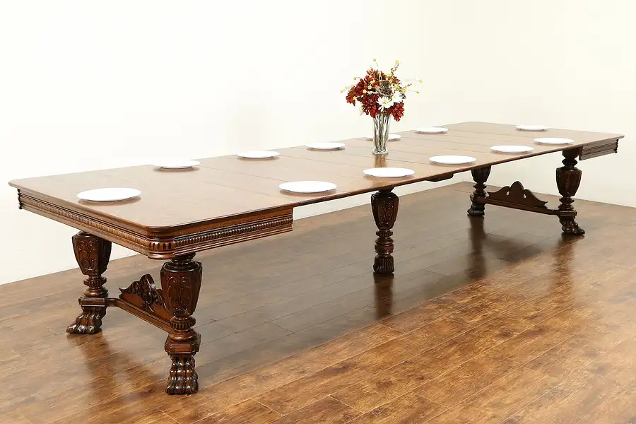 Main image of Oak Antique 54" Dining Table, Carved Lion Feet, Signed, Extends 13' 5"