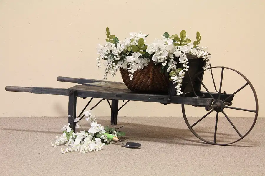 Main image of Country Pine Antique Wheelbarrow, Iron Wheel