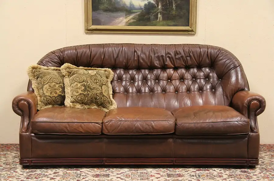 Main image of Tufted Brown Leather Vintage Sofa About 30 years old, a soft and comfort