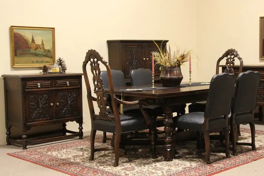 Main image of English Tudor 1925 Carved Oak 9 Pc. Dining Set
