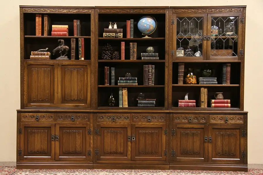Main image of Library 9' Bookcase & Desk with Leaded Glass Doors, Carved Oak Circa 1950