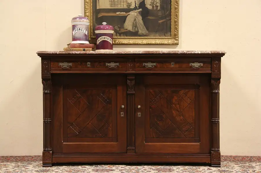Main image of Victorian Eastlake 1875 Antique Marble Top Sideboard, Server or Buffet