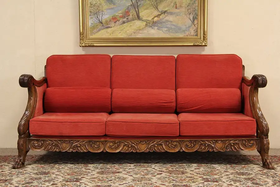 Main image of Carved Lion Paw 1920 Antique Scandinavian Sofa