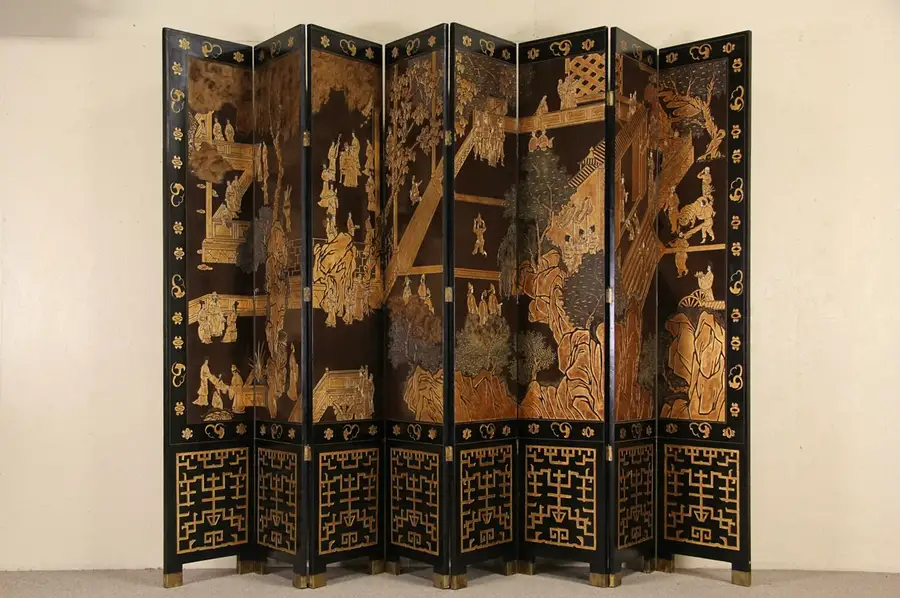 Main image of Coromandel 8 Panel Carved Lacquer 12' Wide Chinese Screen