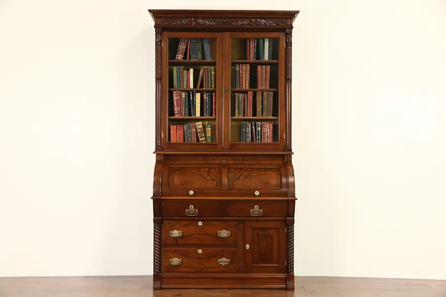 Main image of Victorian 1890 Antique Walnut Cylinder Rolltop Secretary Desk & Bookcase