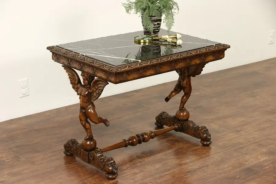 Main image of Italian 1920's Antique Coffee Table, Carved Angels or Cherubs, Black Marble