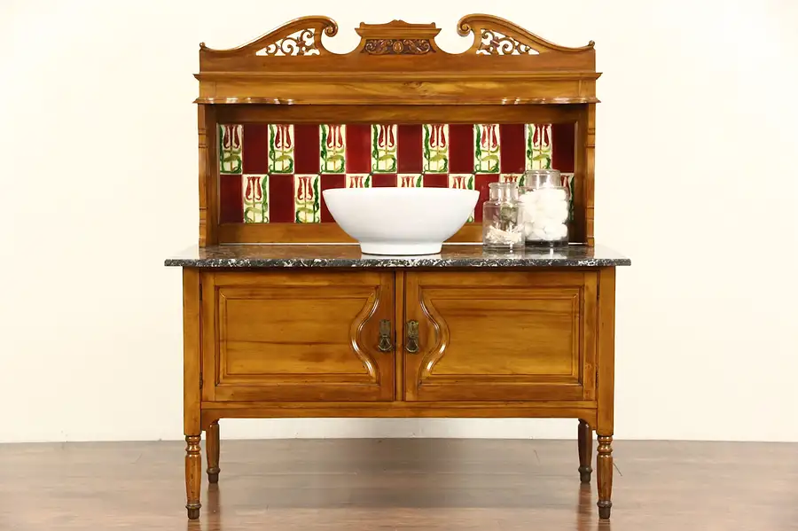 Main image of English 1900 Antique Marble & Tile Washstand, Bar, Server or Vessel Sink Vanity
