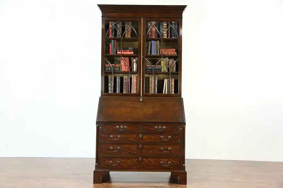 Main image of Oak English Vintage Secretary Desk & Bookcase, Secret Compartments