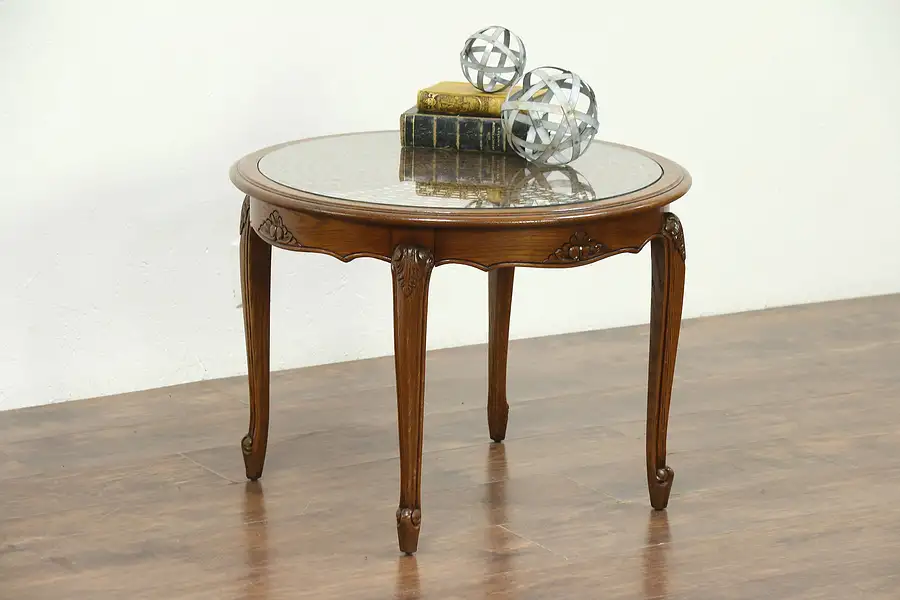 Main image of Oak Carved Round Vintage Coffee Table, Cane & Glass Top, France