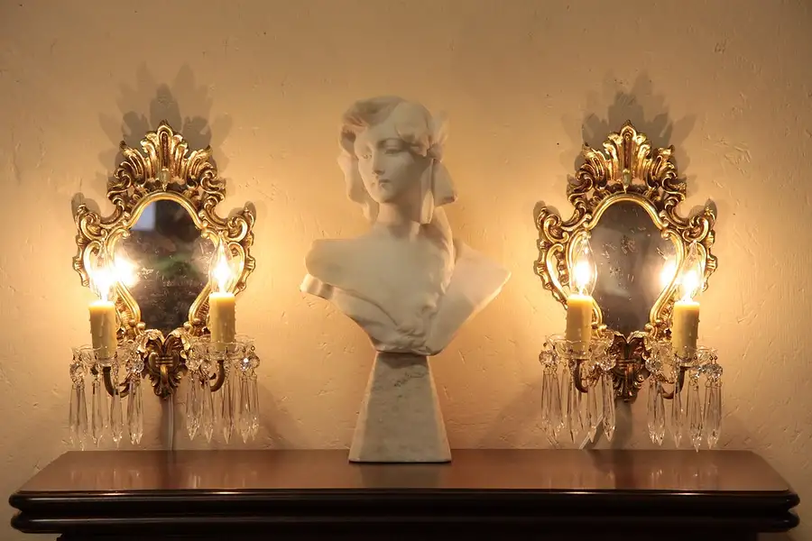 Main image of Pair Brass & Crystal Mirrored Wall Sconces