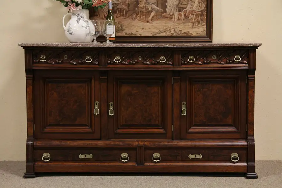 Main image of Victorian Eastlake Marble Top Sideboard Buffet, Carved Cherries