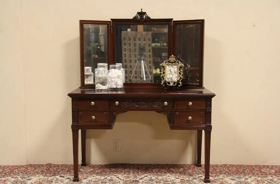 Main image of Carved Mahogany 1910 Antique Dressing Table, Desk or Vanity