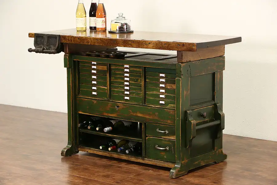 Main image of Antique 1900 Carpenter Workbench Kitchen Island Signed Abernathy Chicago