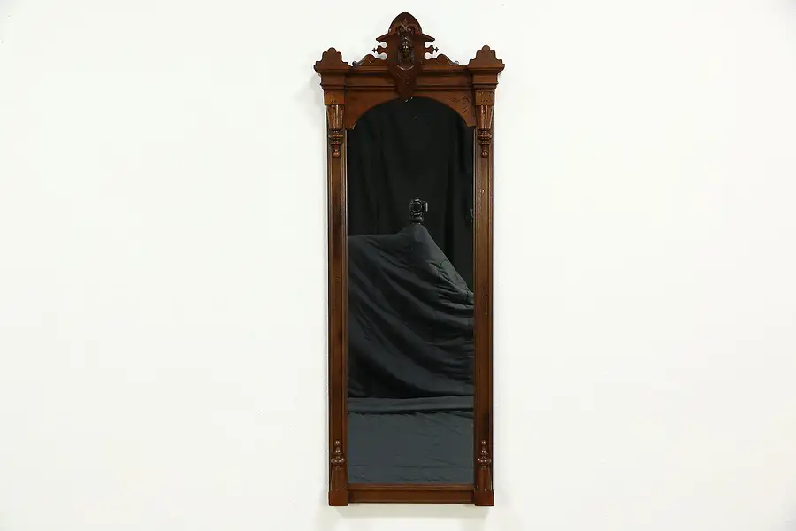Main image of Victorian 1880's Antique Walnut Hall or Pier Mirror, Carved Head