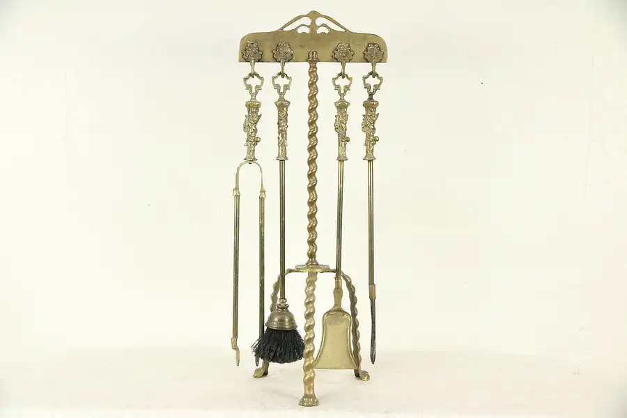 Main image of Brass Antique Fireplace Set of 4 Tools & Spiral Paw Foot Stand