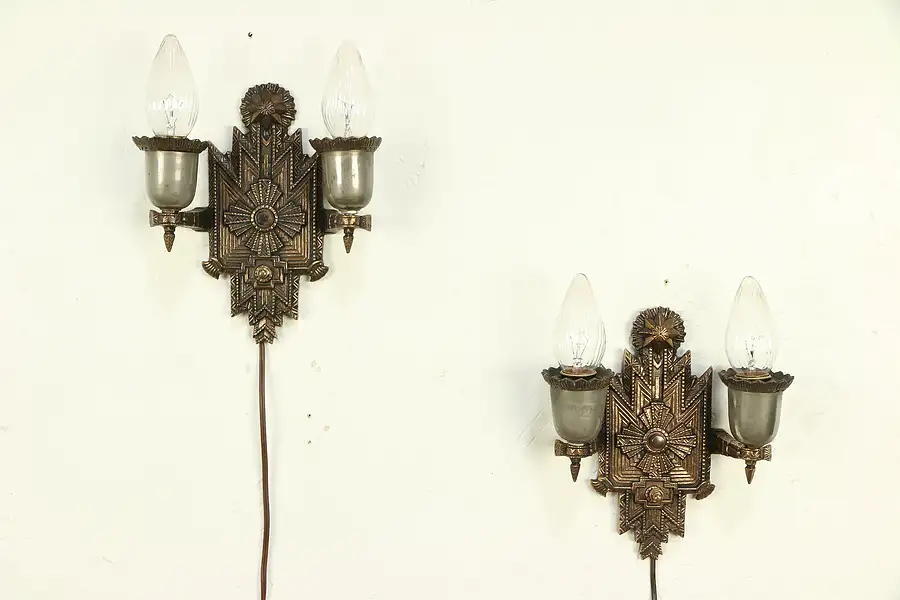 Main image of Pair Art Deco Lights 1930 Vintage Bronze Wall Sconces, Signed ISCO