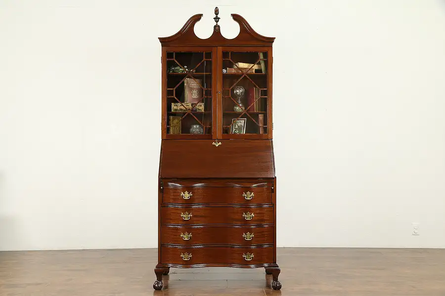 Main image of Georgian 1930's Vintage Carved Mahogany Secretary Desk & Bookcase