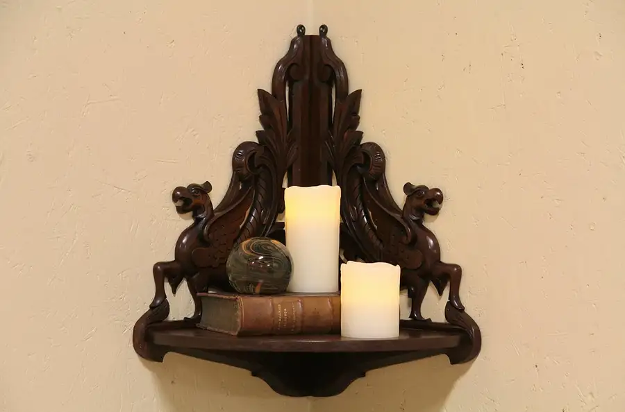 Main image of Carved Antique Winged Griffin Corner Shelf