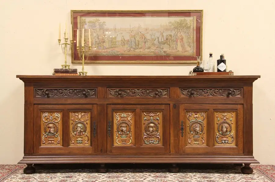 Main image of Oak Sideboard, Server or Credenza, Carved & Painted Figures