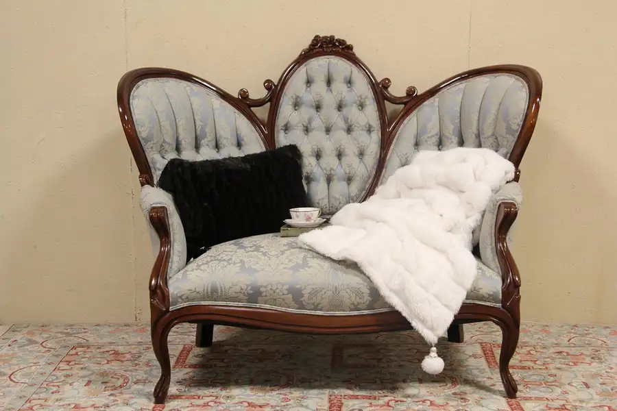 Main image of Victorian Style Medallion Back 1950's Carved Mahogany Loveseat