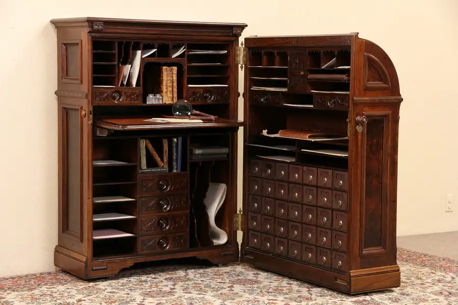 Main image of Moore Victorian Antique Quot Office Queen Walnut Cabinet Desk, Pat. 1882