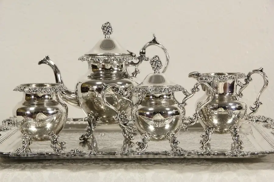 Main image of Grapevine Motif Vintage Signed Silver Plate Tea or Coffee Service, 4 Pc. Set