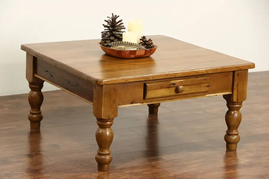 Main image of Country Pine Reclaimed Vintage Coffee Table, Pegged Legs & Drawer