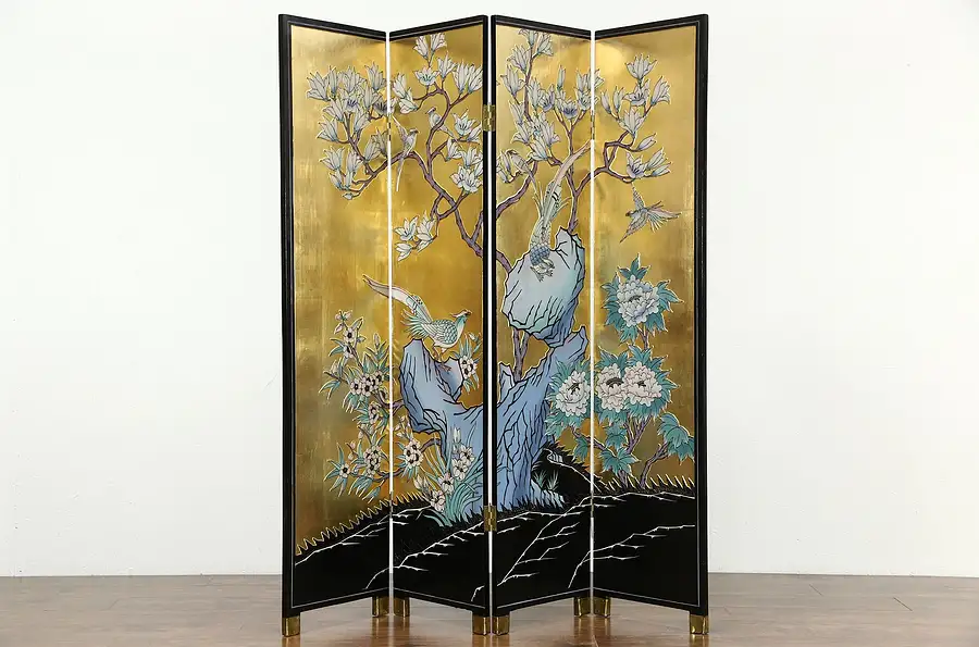 Main image of Chinese 4 Panel Gold Leaf Coromandel Carved Lacquer Vintage Screen