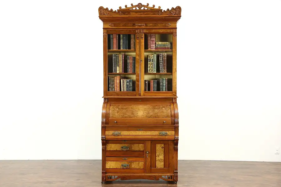 Main image of Victorian Eastlake 1885 Antique Cylinder Roll Top Secretary Desk & Bookcase