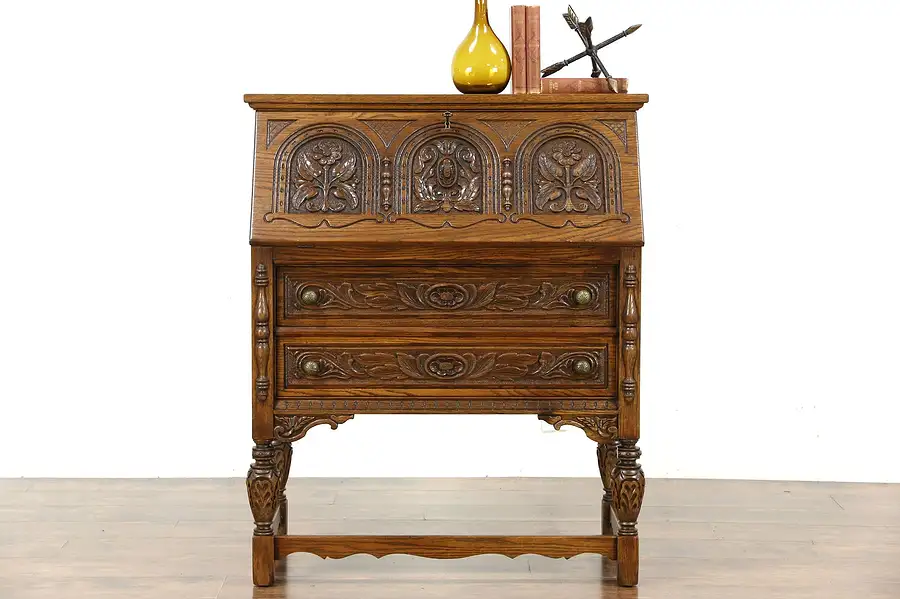 Main image of English Tudor Carved Oak 1920 Antique Secretary Desk, Signed Rockford