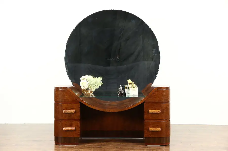 Main image of Art Deco 1940 Vintage Vanity Dressing Table, Round Mirror
