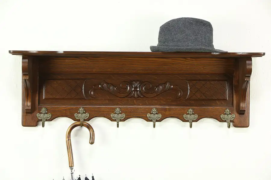 Main image of Dutch Carved Oak Vintage Wall Shelf, Face Coat, Hat or Key Hooks
