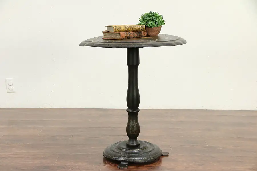 Main image of Victorian Papier Mache Antique Tilt Top Tea Table, Dog Painting