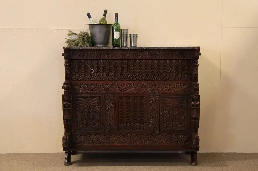 Main image of Carved Wine Tasting Bar Cabinet, Granite Top