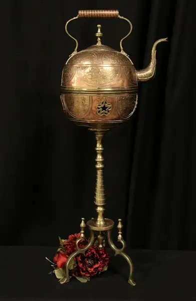 Main image of Turkish Wrought Copper & Brass Antique Tea Kettle on Stand
