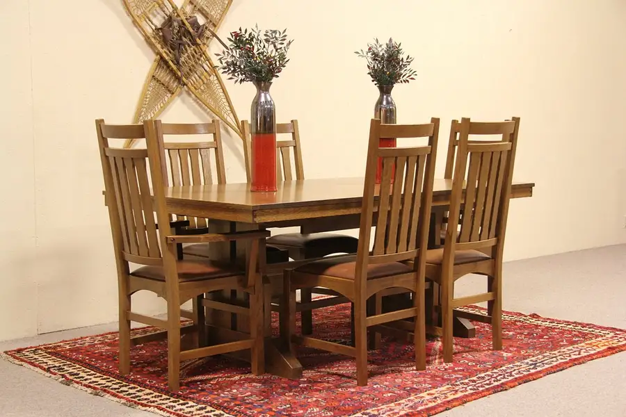 Main image of Arts & Crafts Oak Dining Set, Table & 6 Leather Chairs