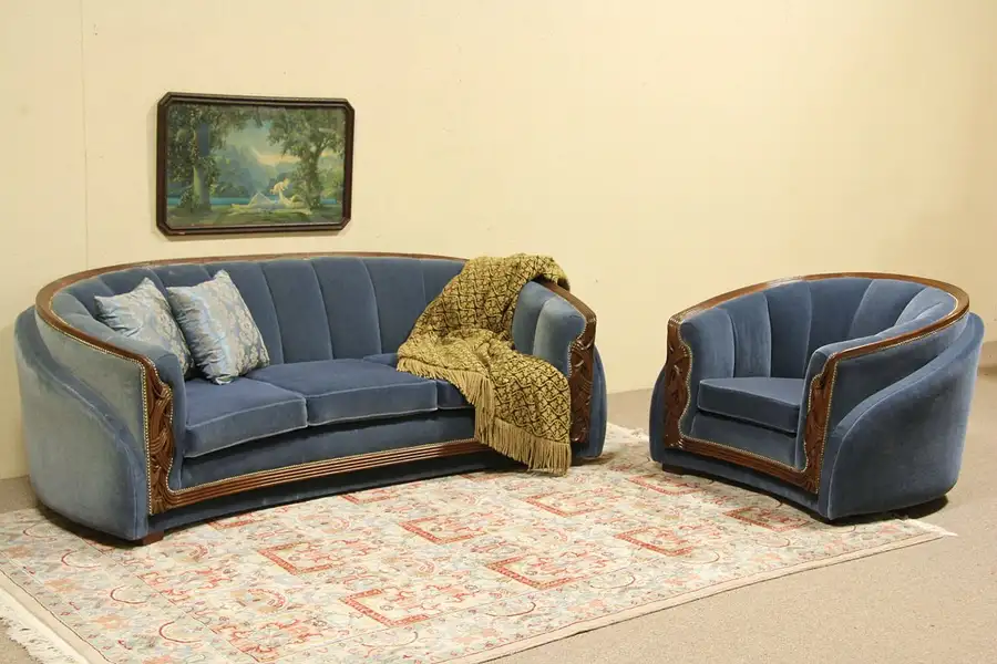 Main image of Art Deco 1935 Sofa & Club Chair Set, New Genuine Mohair Upholstery