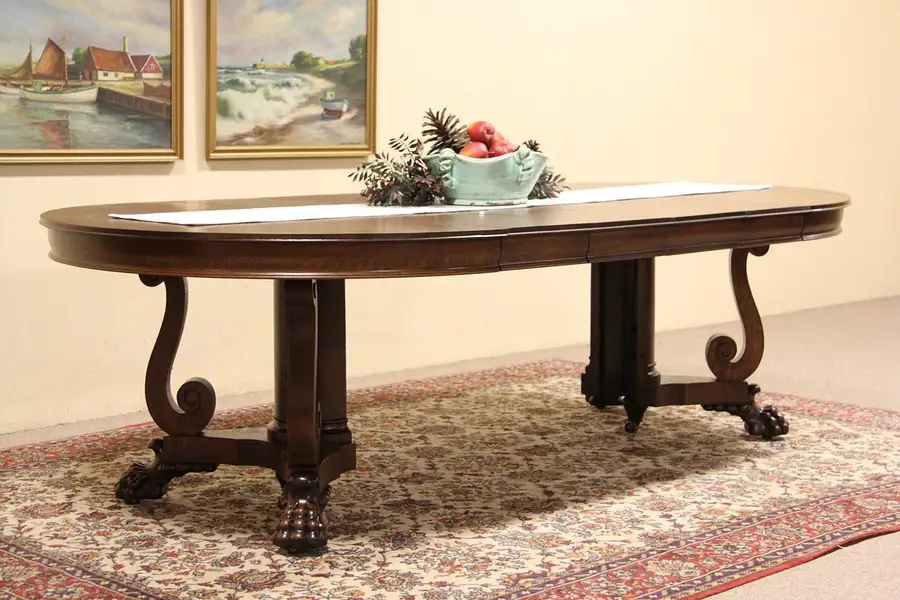 Main image of Round 54" Oak 1900 Antique Dining Table, Extends 8 1/2' Lion Paw Feet