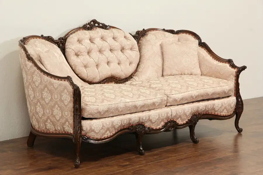 Main image of French Style Carved Frame 1940's Vintage Sofa, Tufted Medallion Back