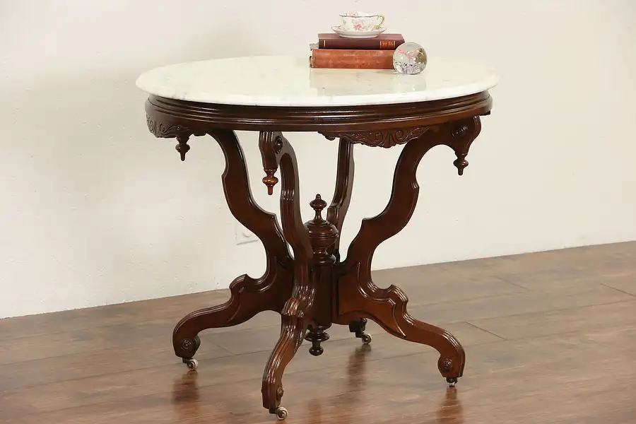 Main image of Victorian Oval Antique 1870's Pedestal Parlor Lamp Table, Marble Top