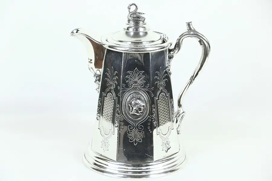 Main image of Meriden Silverplate Antique Water Pitcher, Swan & Roman Centurion, Pat. 1858