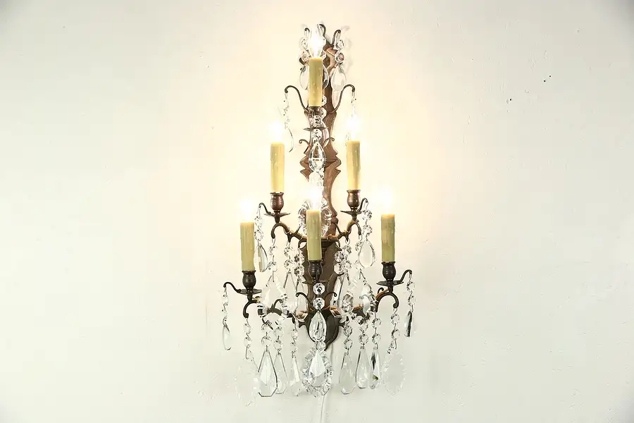 Main image of Crystal & Brass 6 Candle 1890's Antique Wall Sconce, Electified Light Fixture