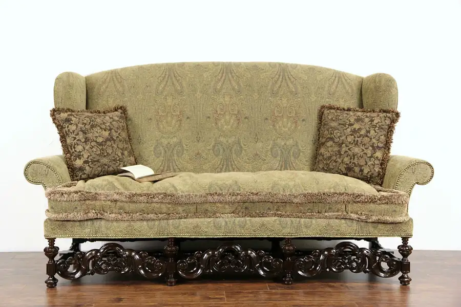 Main image of English Renaissance Style Tall Wing Carved Walnut Vintage Sofa, 2 of 2