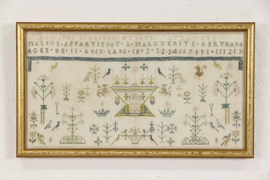 Main image of French Signed & Dated 1802 Antique Hand Stitched Sampler, Framed