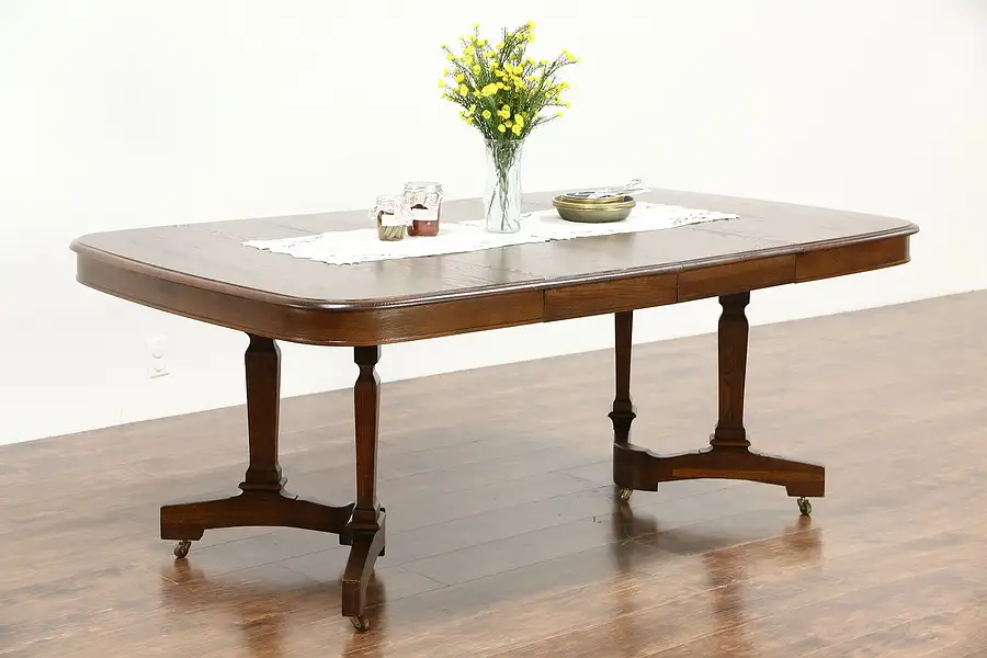 Main image of Oak 1915 Antique Dining Table, 2 Leaves, Extends 6' 3" Signed Wisconsin